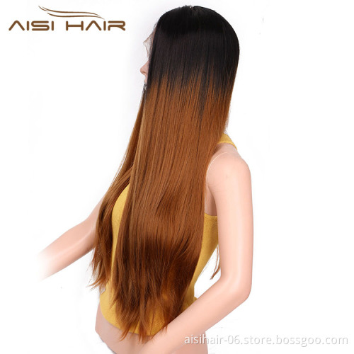 Dropshoppping Silky Straight Wig Lace Frontal Ombre Brown Dark Long Wig Natural Wave Front Lace Hair Wigs For Women